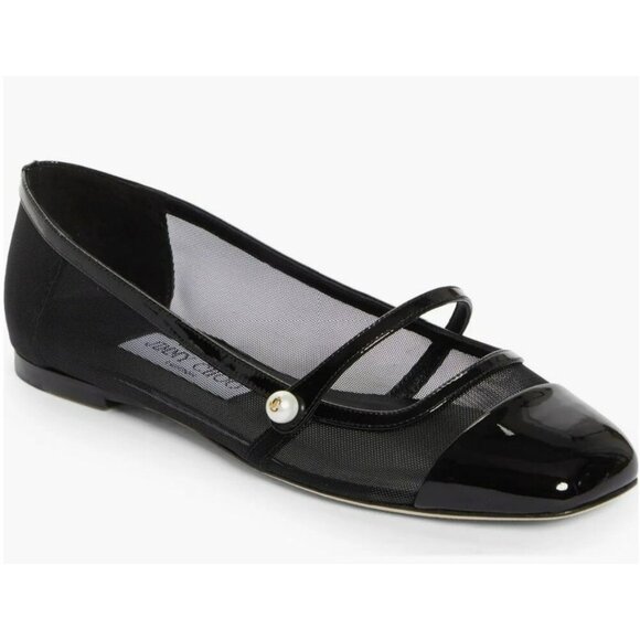 Jimmy Choo Elisa Black Mesh Pearl Mary Jane Sz 38 NEW - Picture 1 of 12